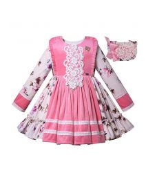 Girls Pink & White Printed Lace Dress + Headwear