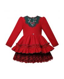 Girls' Red & Green Embroidered Dress with Lace