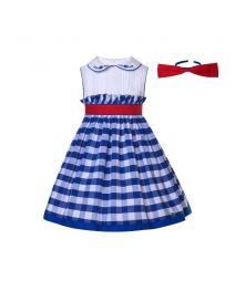 Girls Blue Plaid Embroidery Dress