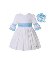 (PRE-ORDER)Girls White Communion Dress with Blue Sash and Headband