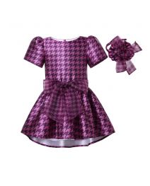 Girls Fuchsia Houndstooth Dress+Headband
