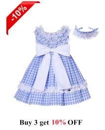 Girls Summer Blue Plaid Dress + Handmade Headband