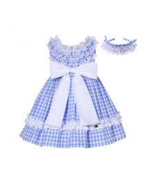 Girls Summer Blue Plaid Dress + Handmade Headband