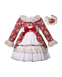 (Pre-order) Girls Red Retro Floral Printed Lace Dress+ Handmade headband