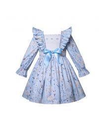 (Pre-order)Girls Pale Blue Floral Print Smocked Dress