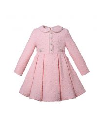 (Pre-order) Girls Pink Cotton Tweed Dress with Pearl Single-Breasted Button