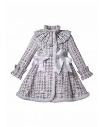 (Pre-order) Girls White Cotton Tweed Bows Coat with Fur Trim