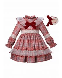 (Pre-order)Girls Red & Ivory Checked Dress + Handmade Headband