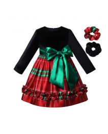 Girls Black Velvet Green Stripe Dress with Green Bow