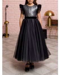 Girls Contrast Sequins Mesh Party Dress A Line Wedding Flower Girl Dress
