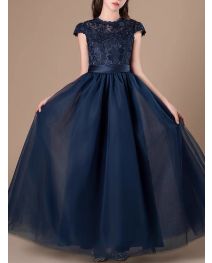 Princess Scoop Floor-Length Lace/Tulle Flower Girl Dress Navy Blue Ball-Gown