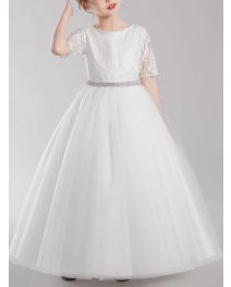 White Elegant Flower Girl Dress Lace Tulle Half Sleeves Princess Bow Birthday Concert Floor-length Junior Bridesmaid Gown
