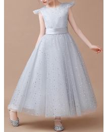 Grey Sleeveless Princess Tulle Skirt Flower Girl Dresses With Sequins