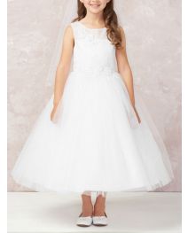 Girls Embroidery Lace Applique and Soft Mesh Dress White First Communion Dress