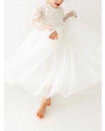 Long Sleeve Lace Flower Girl White Tulle Wedding Bohemian Lace Dress Boho Christening Gown Baptism Dress