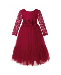 Burgundy Flower Girl Dress Long Sleeve Lace White Tulle Wedding Bohemian Dress