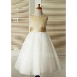 Champagne Satin Ivory Tulle Wedding Flower Girl Dress