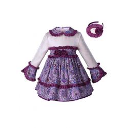 Girls Purple Velvet Flower Printed Lace Dress + Headwear