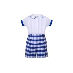 Boys White Shirt + Blue Plaid Shorts