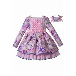 (Pre-order)Girls Square Collar Lace Flower Printed Dress + Headband