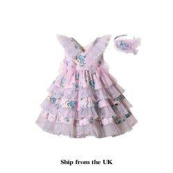 (UK ONLY)Summer Girls Light Pink V-neck Dress with Blue Flower Patterns Lace Bows + Handmade Headband