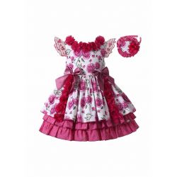 Girls Rose Red Flowers Patterns Ornament Bows Ruffle Hem Dress + Handmade Headband