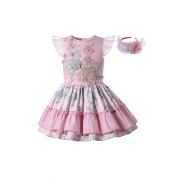 Girls Sundress Crewneck Sleeveless Floral Patterns Pink Dress + Handmade Headband