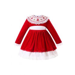 Girls' red velvet embroidered Christmas dress