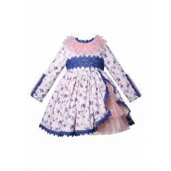 Girls Blue Lace Mesh Spanish Dress