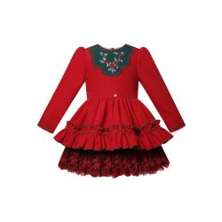 Girls' Red & Green Embroidered Dress with Lace