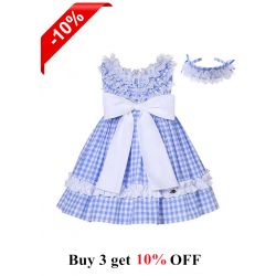Girls Summer Blue Plaid Dress + Handmade Headband