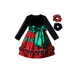 Girls Black Velvet Green Stripe Dress with Green Bow