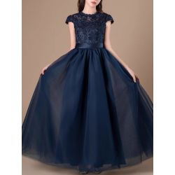 Princess Scoop Floor-Length Lace/Tulle Flower Girl Dress Navy Blue Ball-Gown