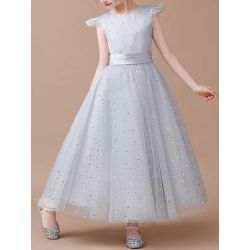 Grey Sleeveless Princess Tulle Skirt Flower Girl Dresses With Sequins