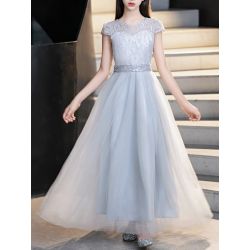 Elegant Grey Lace Dresses Princess Sash Short Ruffle Special Occasion Party Dresses for Girls