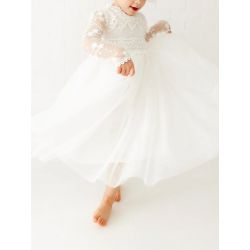 Long Sleeve Lace Flower Girl White Tulle Wedding Bohemian Lace Dress Boho Christening Gown Baptism Dress