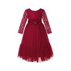 Burgundy Flower Girl Dress Long Sleeve Lace White Tulle Wedding Bohemian Dress
