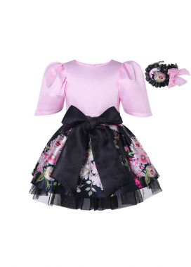 Pink Shirt Black Floral Skirt + Handmade Headband