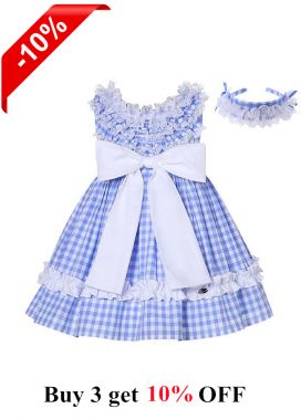 Girls Summer Blue Plaid Dress + Handmade Headband