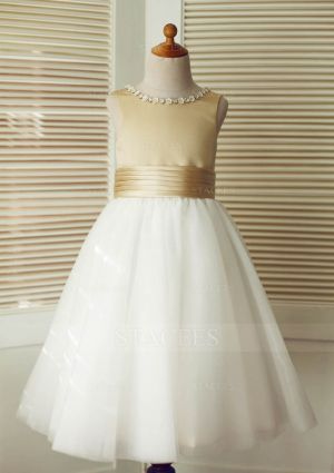 Champagne Satin Ivory Tulle Wedding Flower Girl Dress