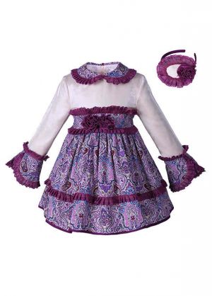 Girls Purple Velvet Flower Printed Lace Dress + Headwear