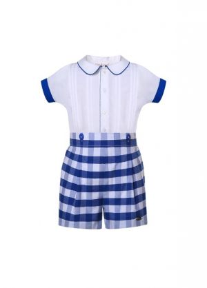 Boys White Shirt + Blue Plaid Shorts