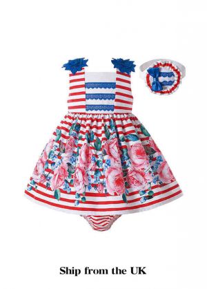 (UK ONLY)Red White Striped Baby Summer Dress + Handmade Headband