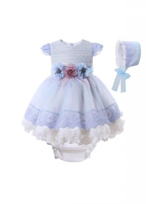 Baby Girls Blue Tweed Lace Dress + Bloomer +Hat