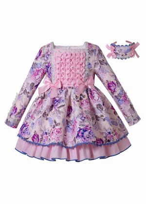 (Pre-order)Girls Square Collar Lace Flower Printed Dress + Headband