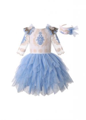 Three Quarter Sleeve Embroidered Tutu Dress + Handmade Headband