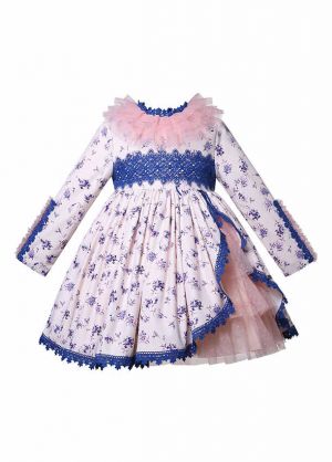 Girls Blue Lace Mesh Spanish Dress