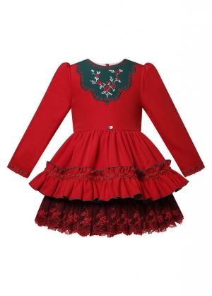 Girls' Red & Green Embroidered Dress with Lace