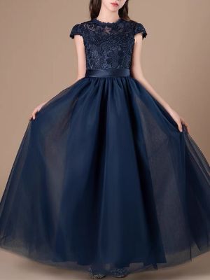 Princess Scoop Floor-Length Lace/Tulle Flower Girl Dress Navy Blue Ball-Gown