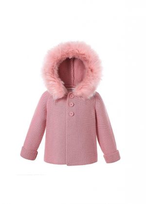 Dark Pink baby Square Collar Sweater Coat With Detachable Hat